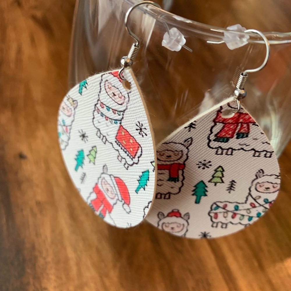 Christmas Llama Leather Earrings